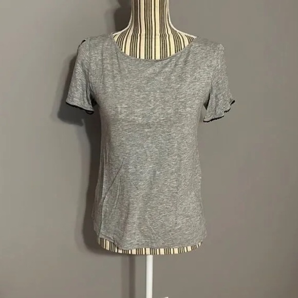 LOFT Tops - Loft Petite Heather Gray Split Sleeve Lace Trim Tee Size Small